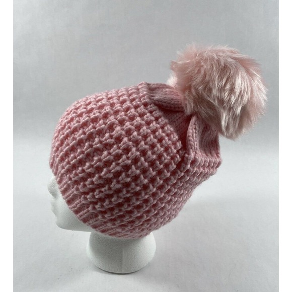 KYI KYI WOMEN’S FAUX FUR POM POM CLASSIC KNIT BEANIE PINK , ONE SIZE . - Picture 3 of 9